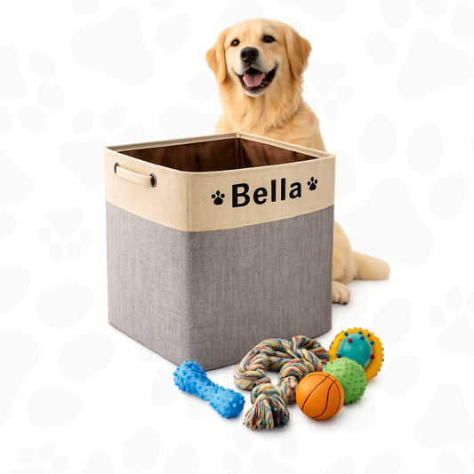 Personalized storage basket for dog and cat toys